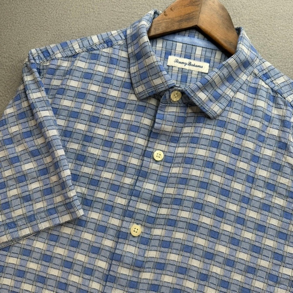 Tommy Bahama Shirt Mens L Blue Plaid Silk Short Sleeve Button Up Geometric